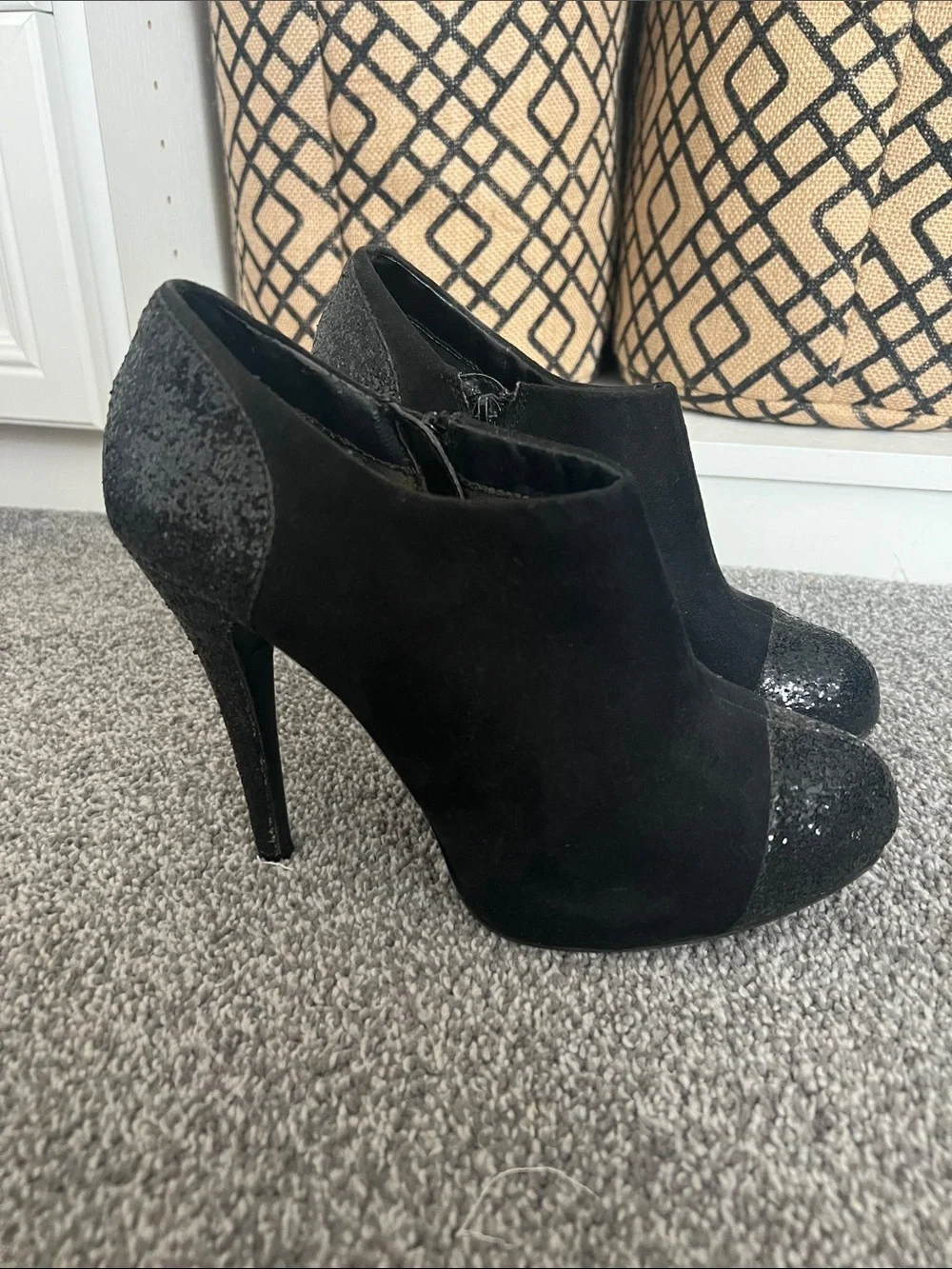 Rampage Black Suede & Glitter Peep-Toe Booties